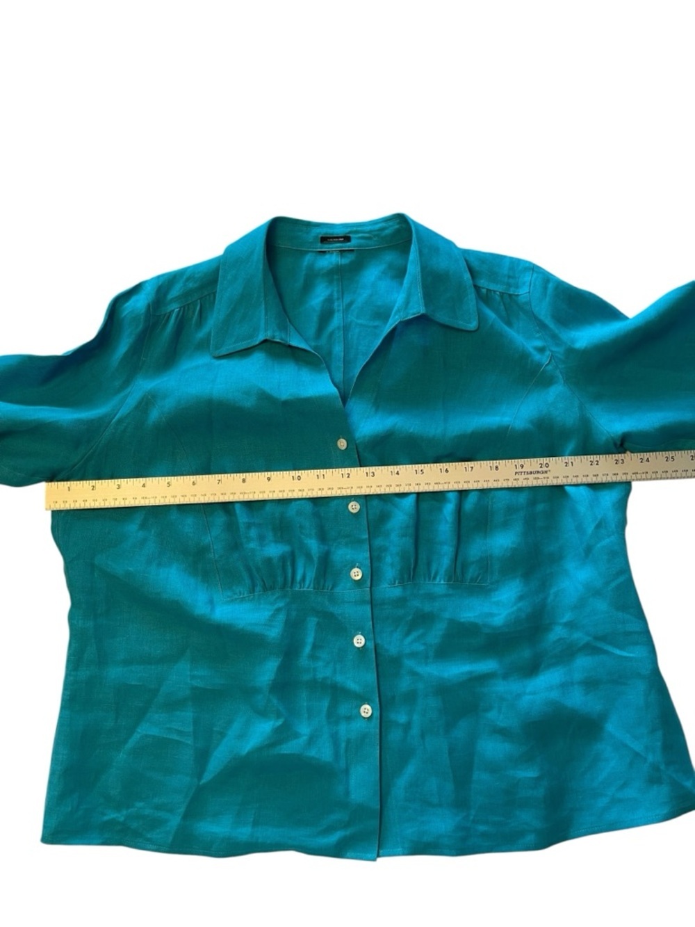Irish Linen Turquoise Collared Blouse Button Front Cinched Waist 2X - Picture 5 of 11